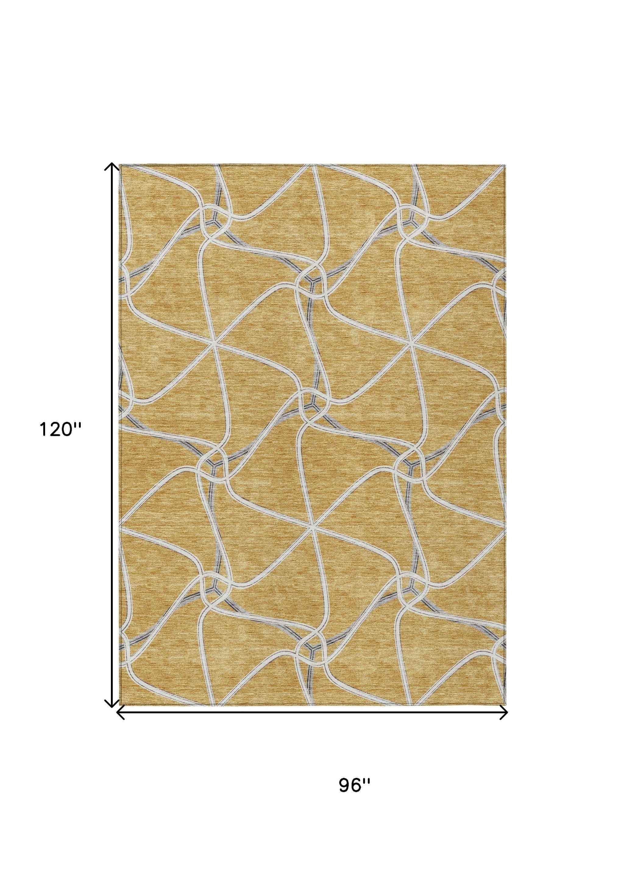 8' X 10' Gold And Ivory Geometric Washable Indoor Outdoor Area Rug