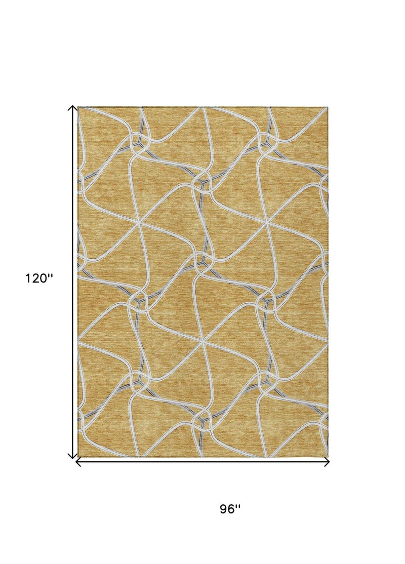 8' X 10' Gold And Ivory Geometric Washable Indoor Outdoor Area Rug