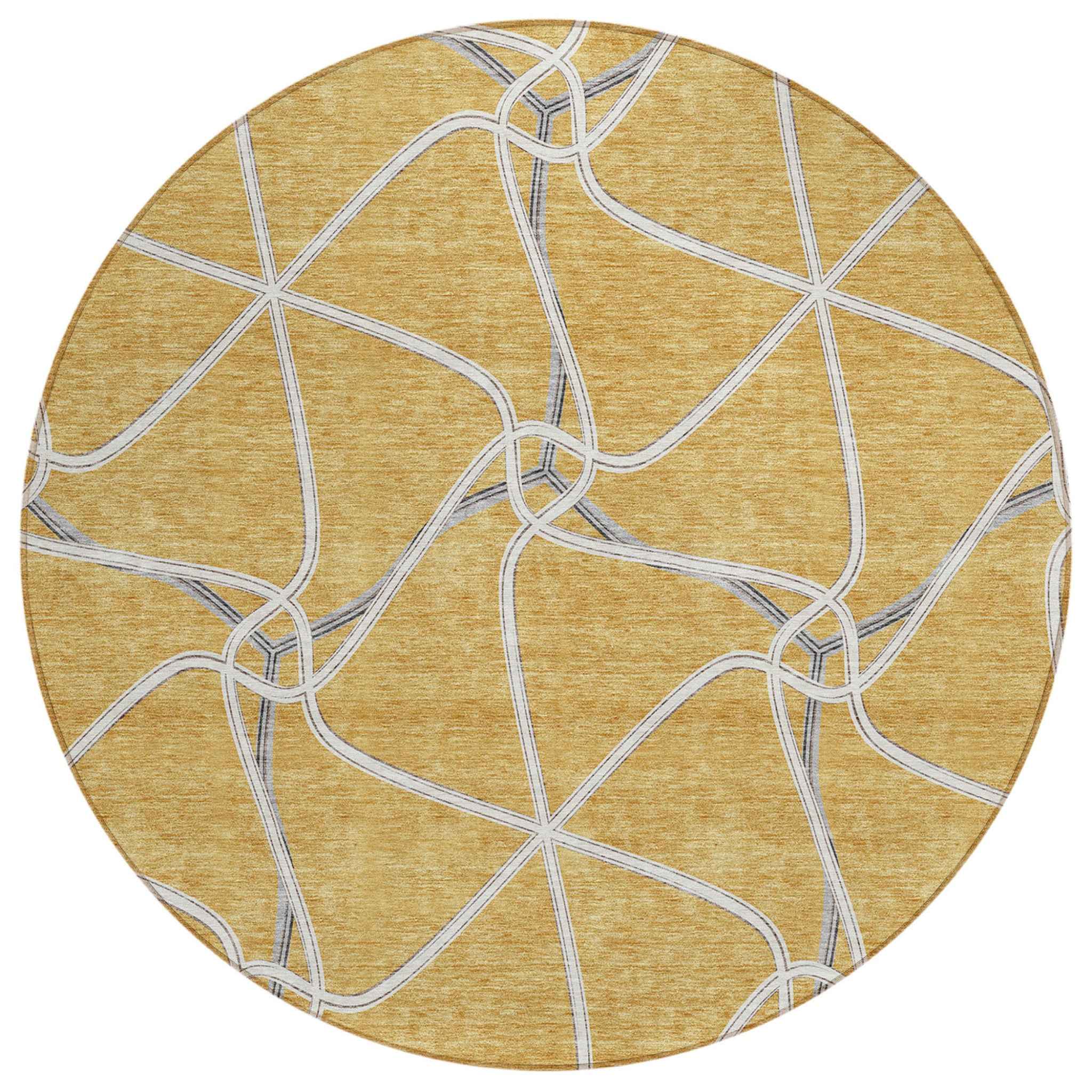 8' Gold And Ivory Round Geometric Washable Indoor Outdoor Area Rug