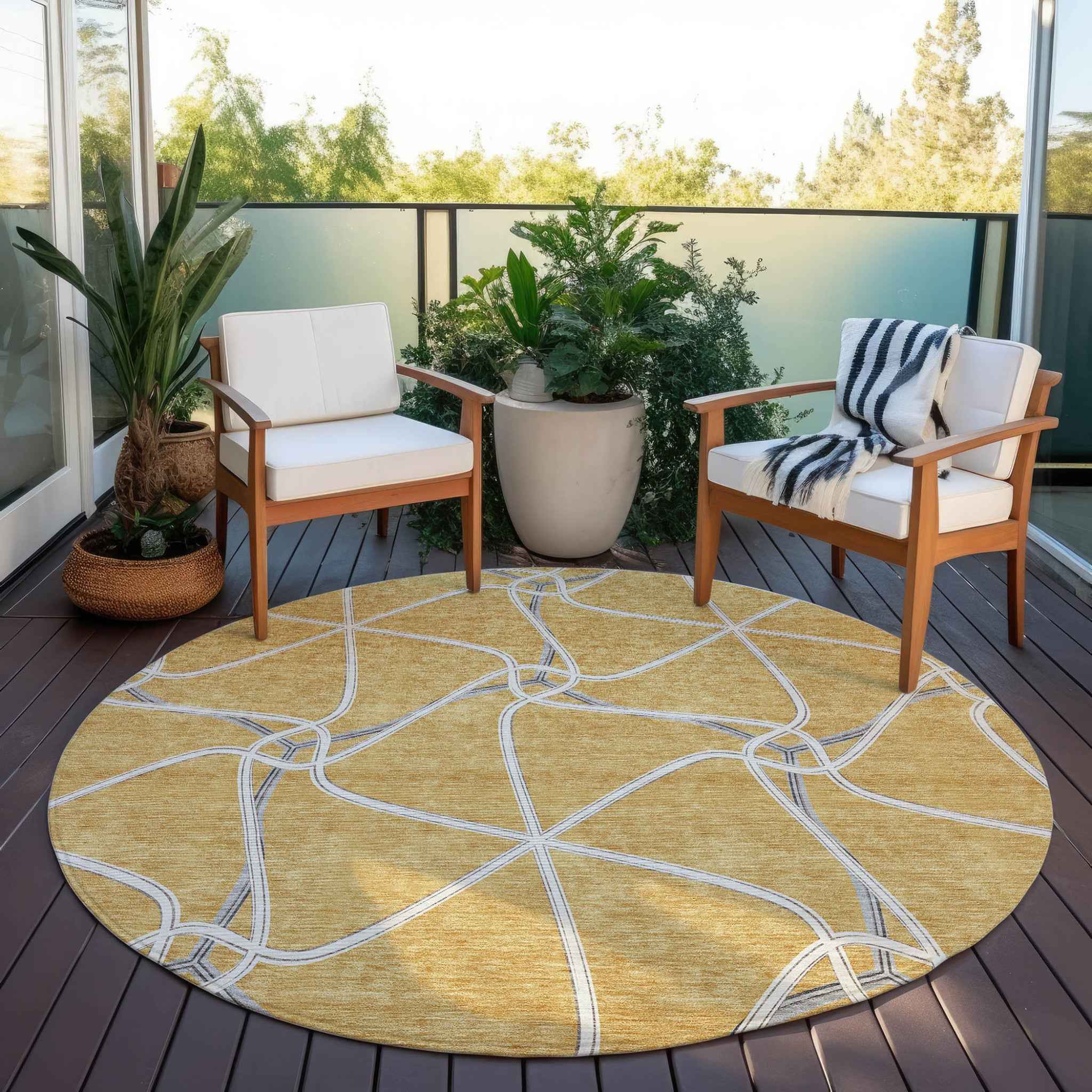 8' Gold And Ivory Round Geometric Washable Indoor Outdoor Area Rug
