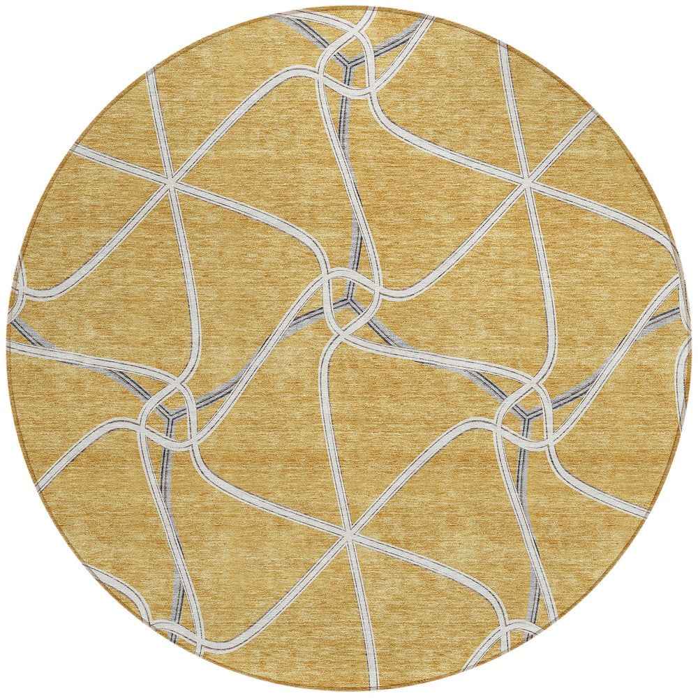8' Gold And Ivory Round Geometric Washable Indoor Outdoor Area Rug