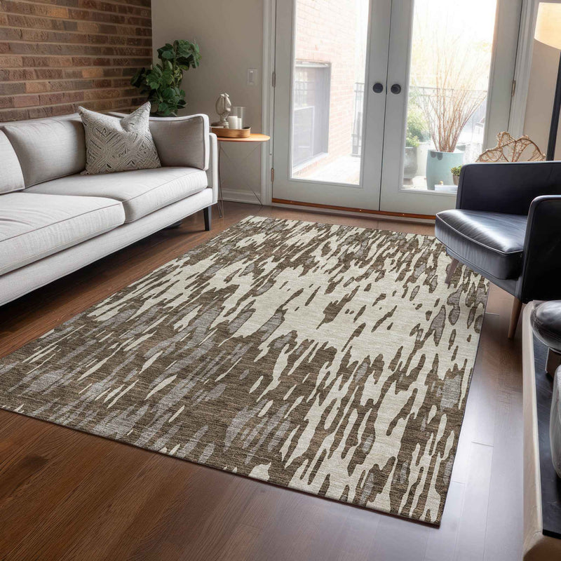 8' X 10' Brown And Ivory Abstract Washable Indoor Outdoor Area Rug
