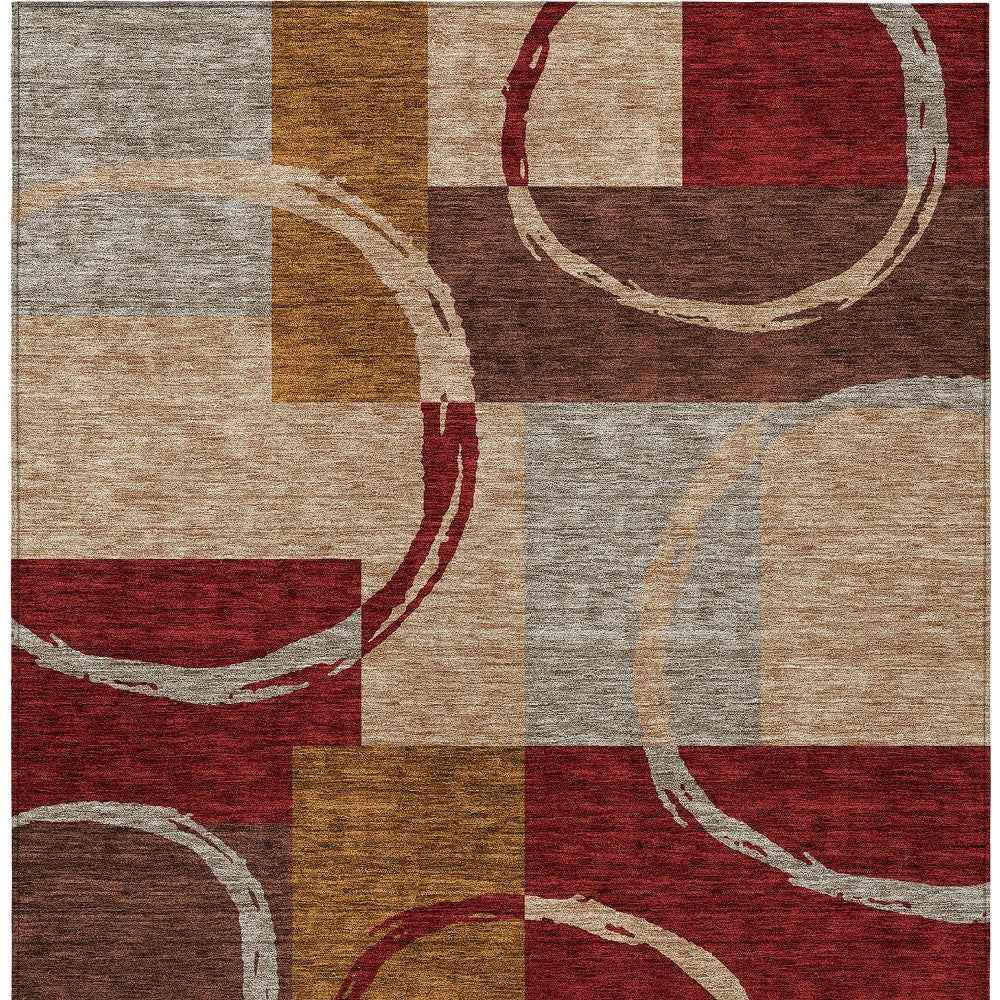 5' X 8' Wheat And Burgundy Geometric Washable Indoor Outdoor Area Rug