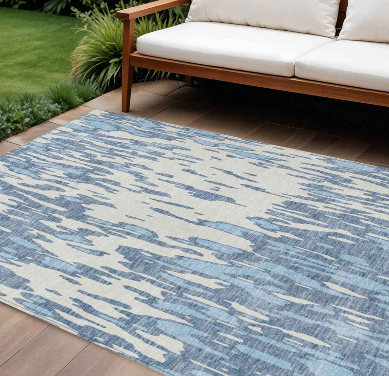 10' X 14' Denim Blue And Ivory Abstract Washable Indoor Outdoor Area Rug
