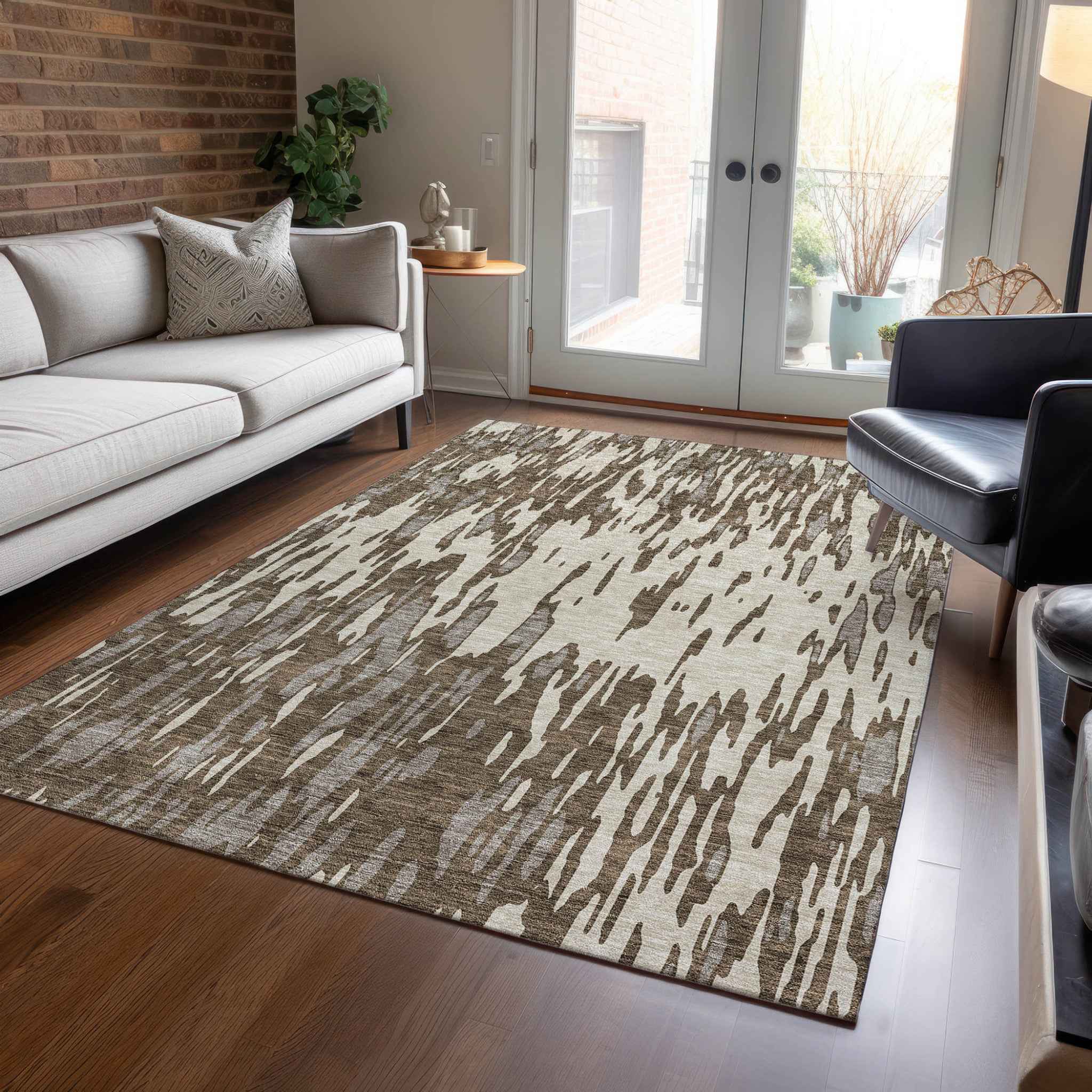 9' X 12' Brown And Ivory Abstract Washable Indoor Outdoor Area Rug