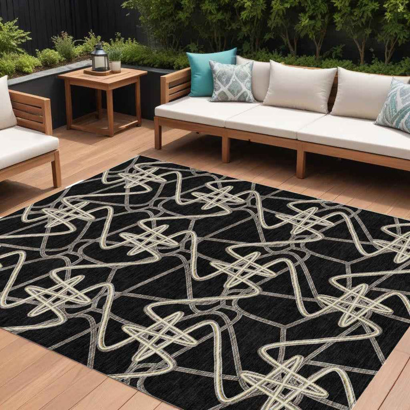 8' X 10' Black Ivory And Brown Geometric Washable Indoor Outdoor Area Rug