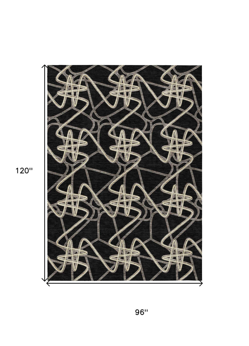 8' X 10' Black Ivory And Brown Geometric Washable Indoor Outdoor Area Rug