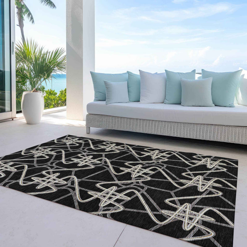 8' X 10' Black Ivory And Brown Geometric Washable Indoor Outdoor Area Rug