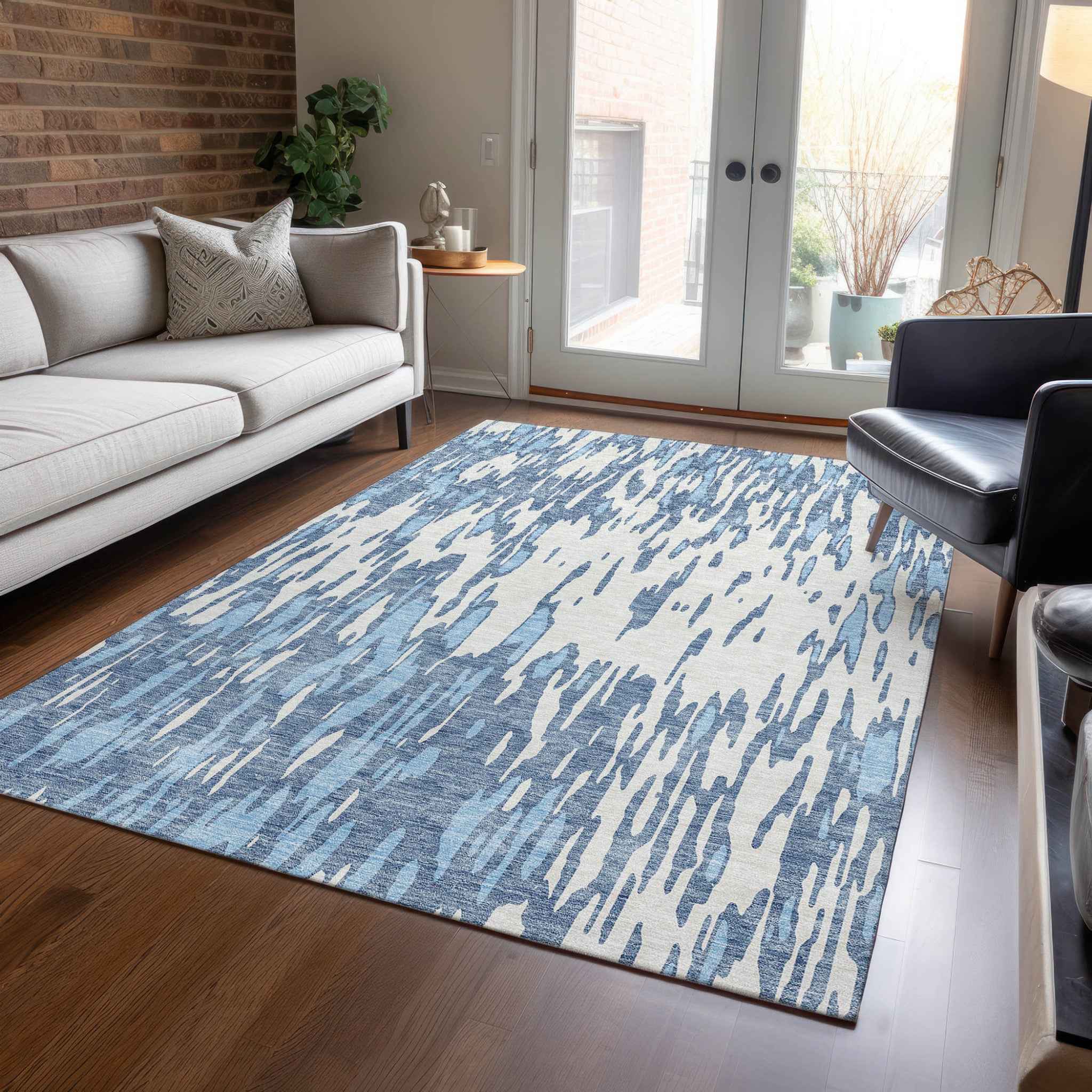 8' X 10' Denim Blue And Ivory Abstract Washable Indoor Outdoor Area Rug