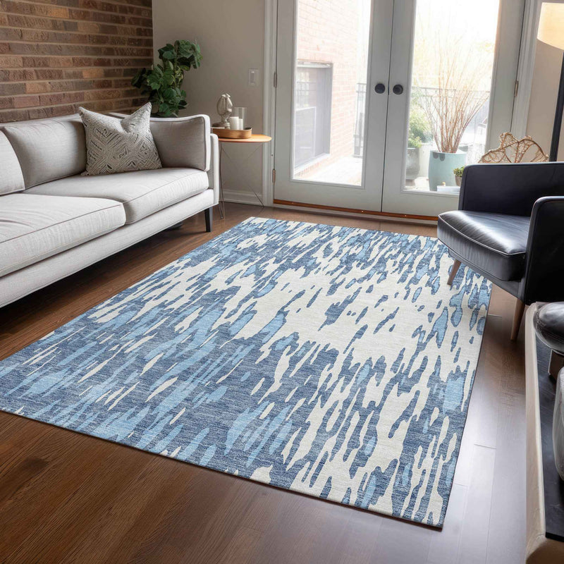 8' X 10' Denim Blue And Ivory Abstract Washable Indoor Outdoor Area Rug