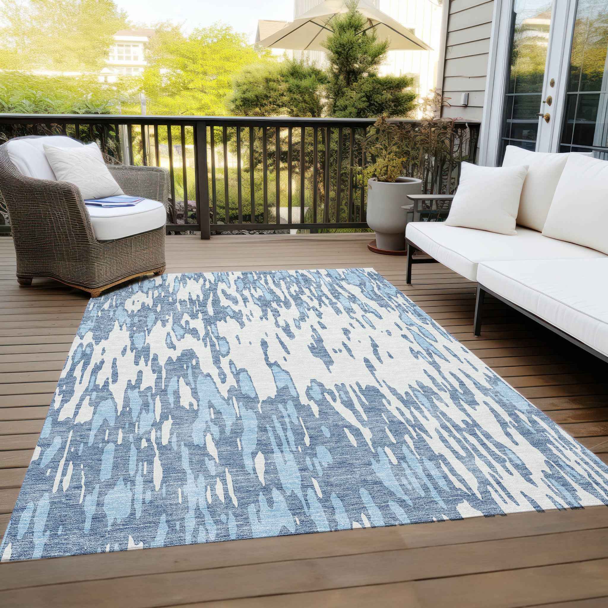8' X 10' Denim Blue And Ivory Abstract Washable Indoor Outdoor Area Rug