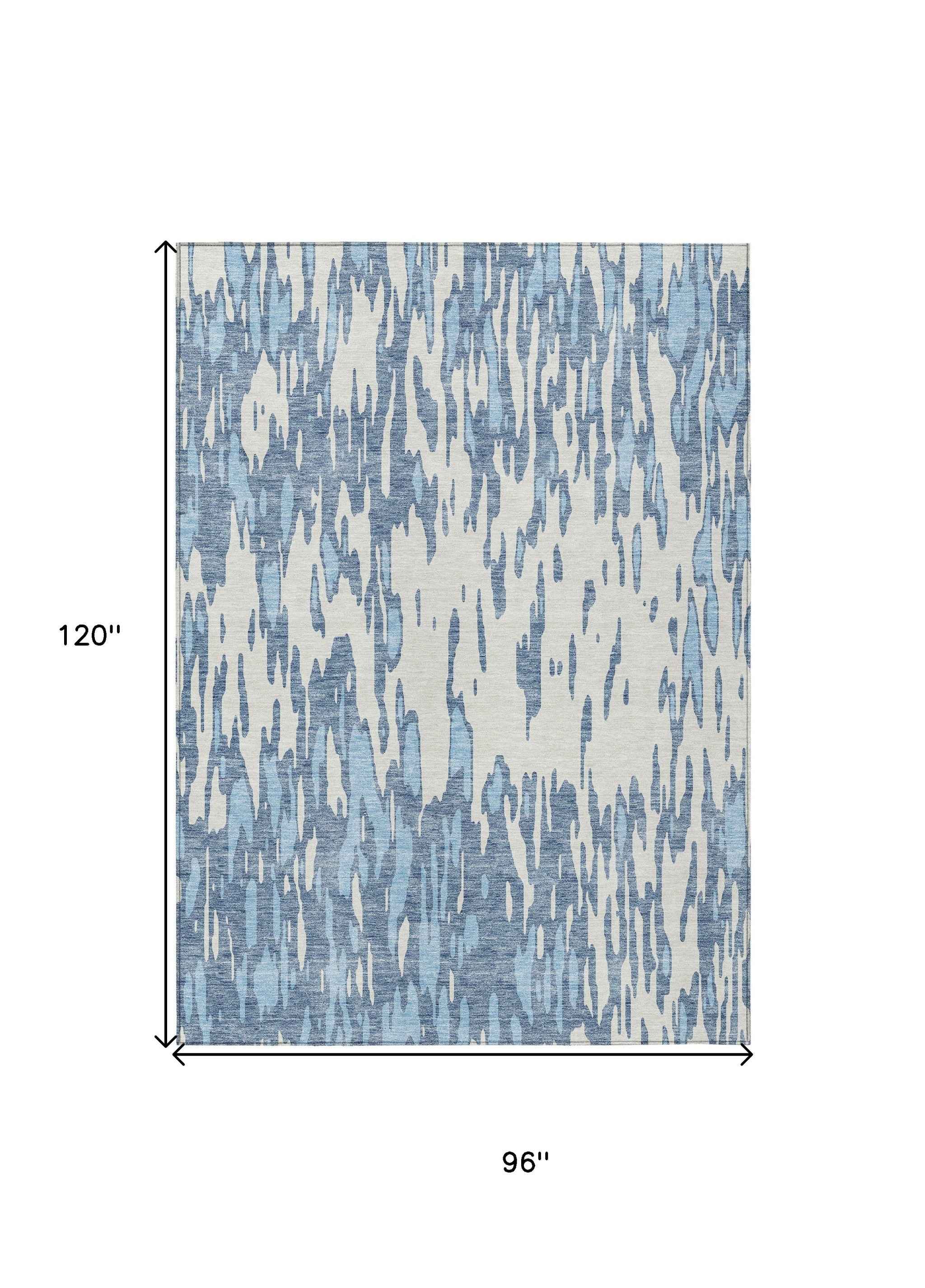 8' X 10' Denim Blue And Ivory Abstract Washable Indoor Outdoor Area Rug