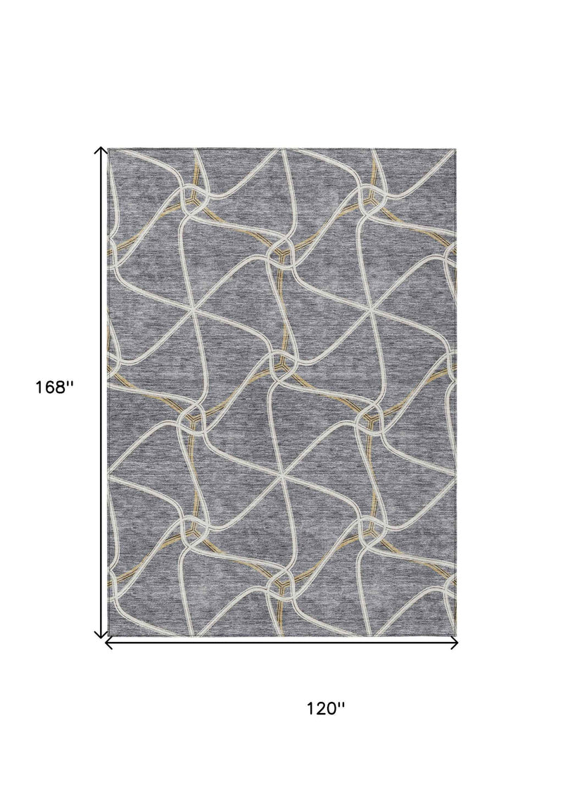 10' X 14' Gray And Ivory Geometric Washable Indoor Outdoor Area Rug