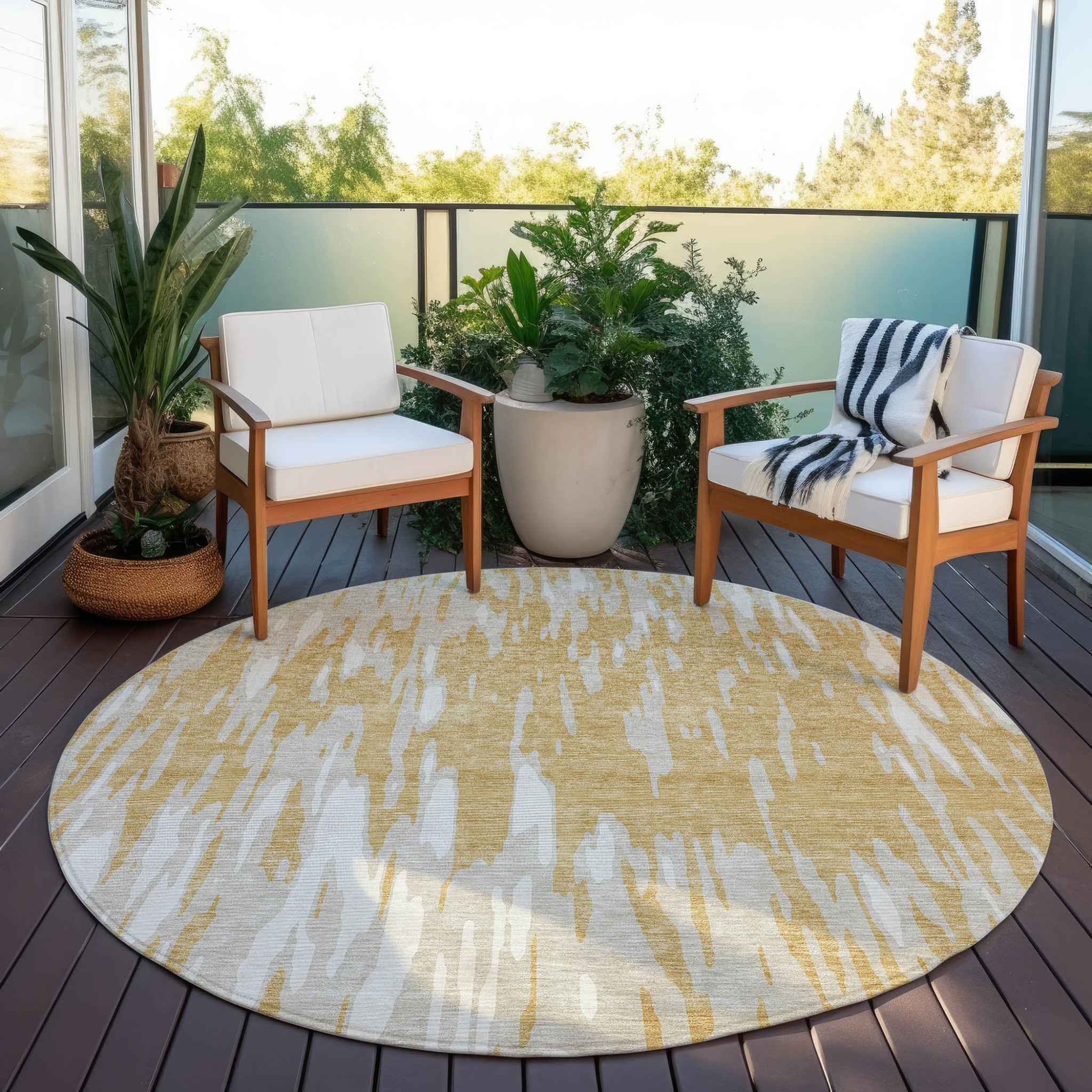8' Gold And Ivory Round Abstract Washable Indoor Outdoor Area Rug