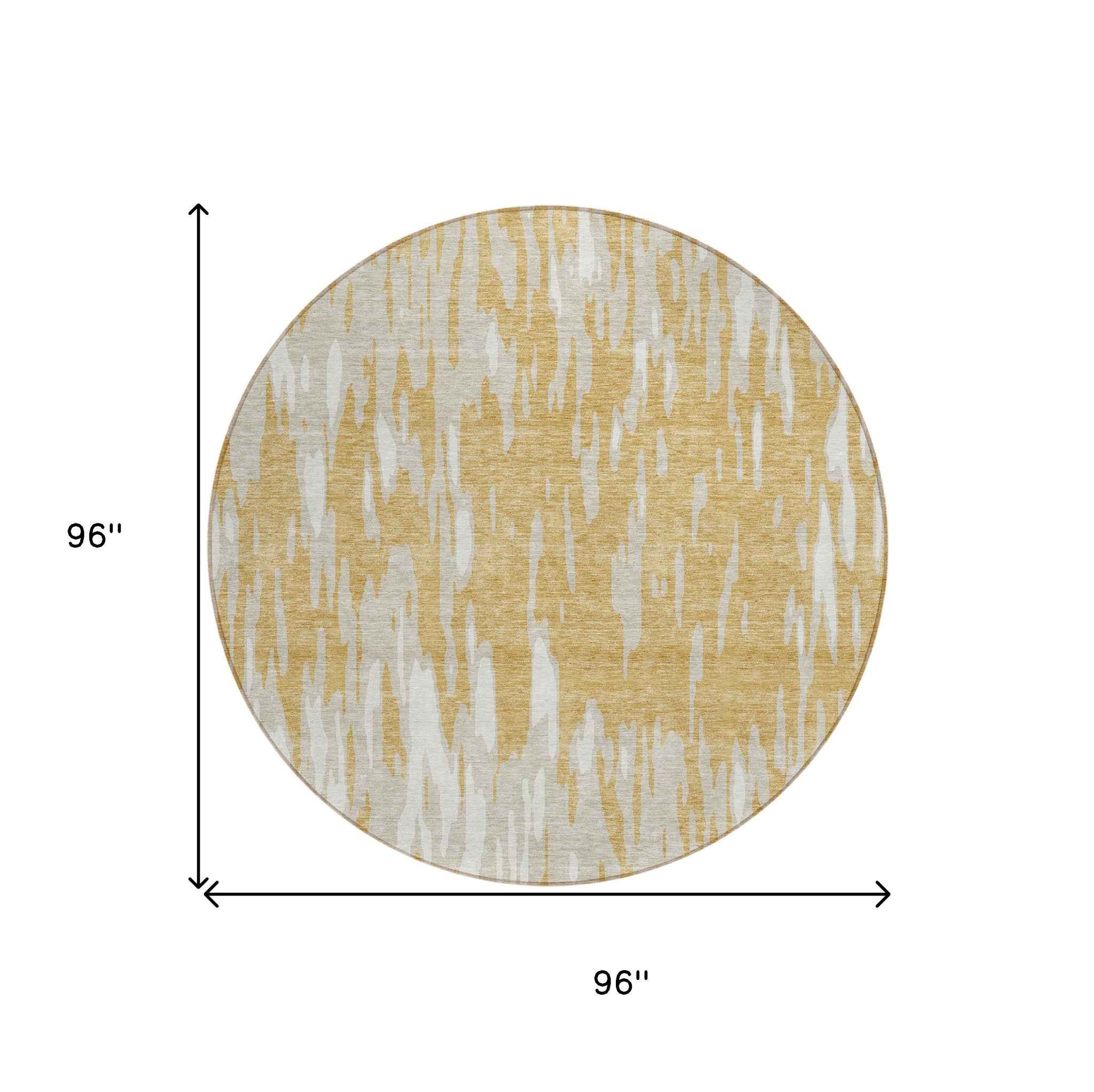 8' Gold And Ivory Round Abstract Washable Indoor Outdoor Area Rug