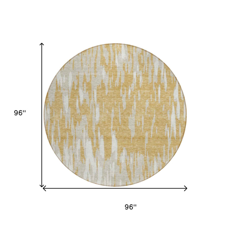8' Gold And Ivory Round Abstract Washable Indoor Outdoor Area Rug