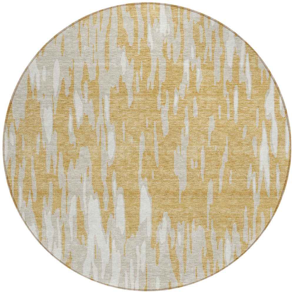 8' Gold And Ivory Round Abstract Washable Indoor Outdoor Area Rug