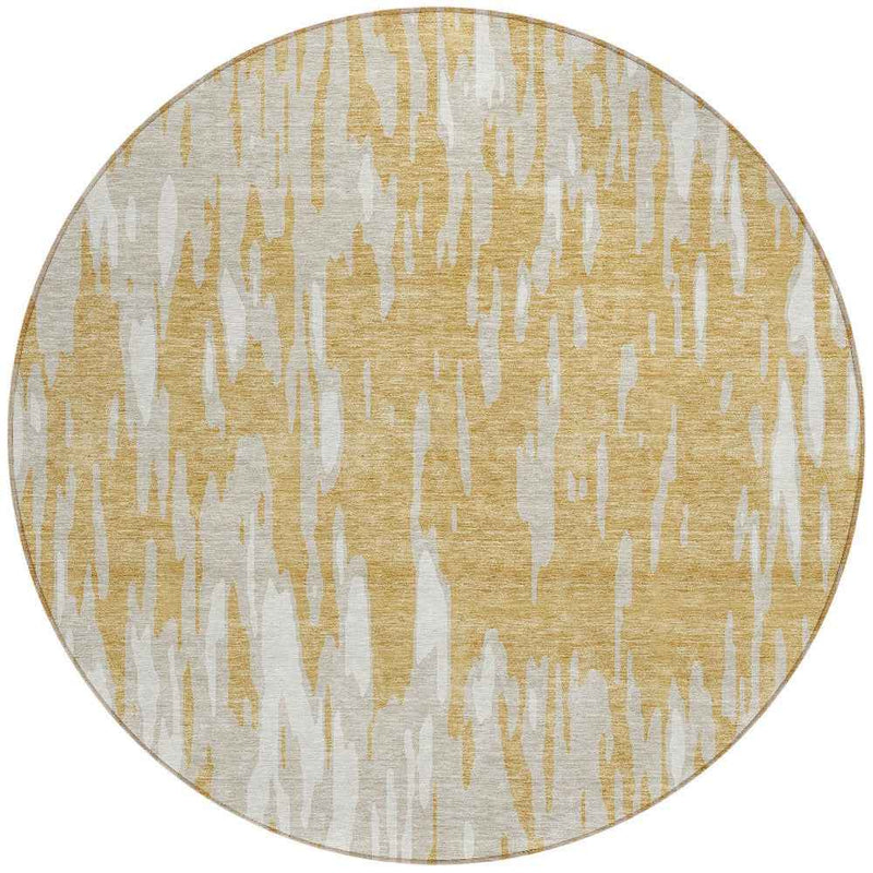 8' Gold And Ivory Round Abstract Washable Indoor Outdoor Area Rug