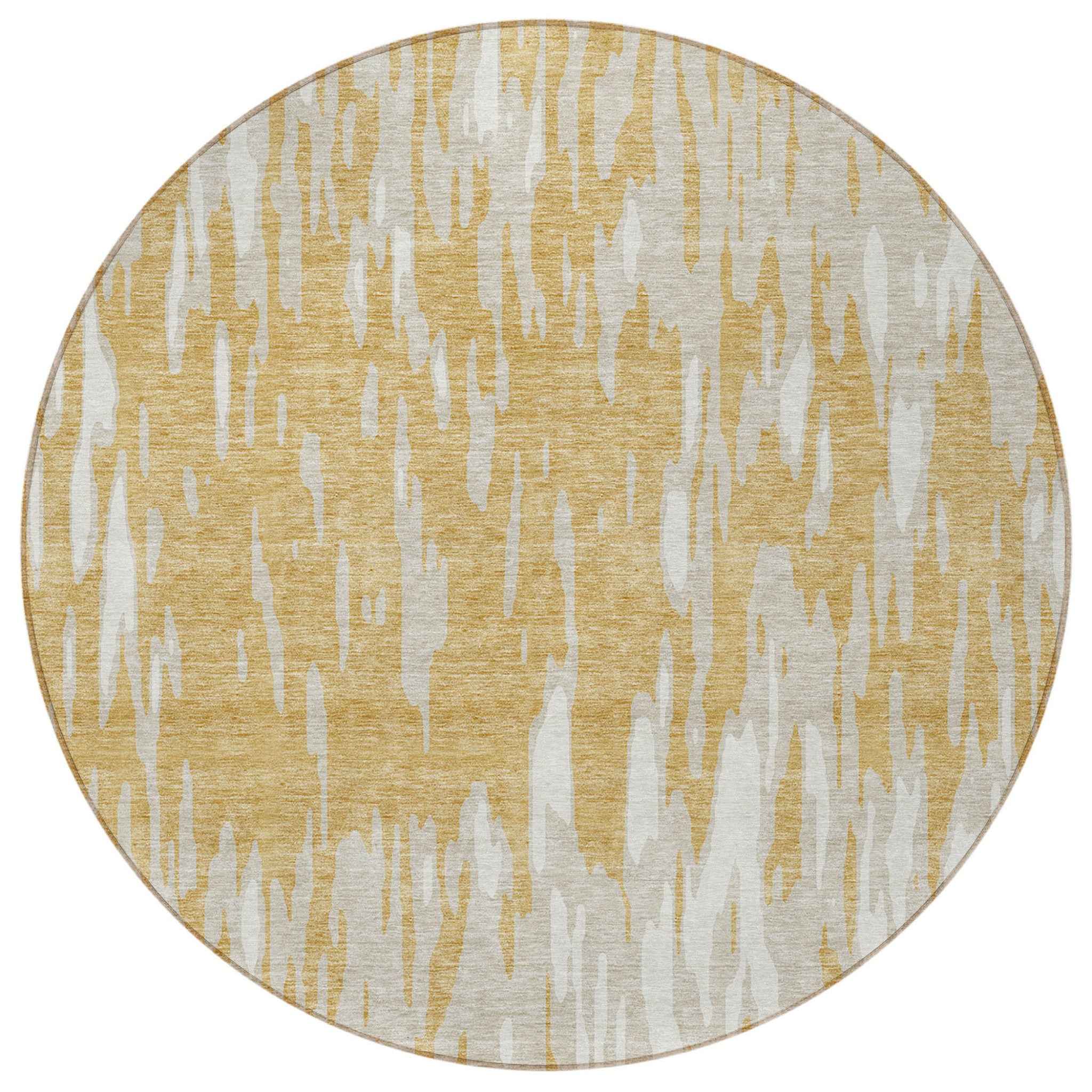 8' Gold And Ivory Round Abstract Washable Indoor Outdoor Area Rug