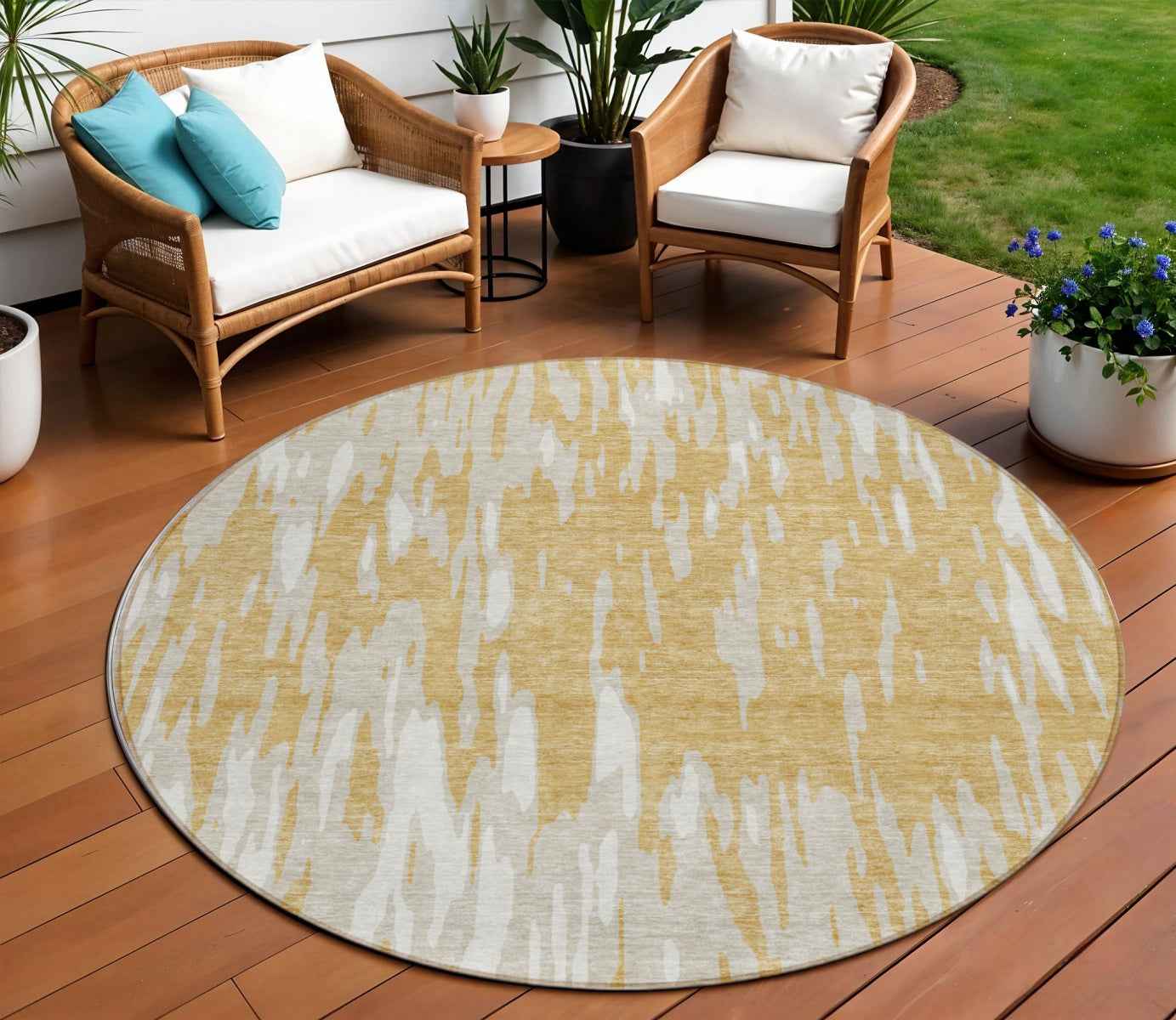 8' Gold And Ivory Round Abstract Washable Indoor Outdoor Area Rug