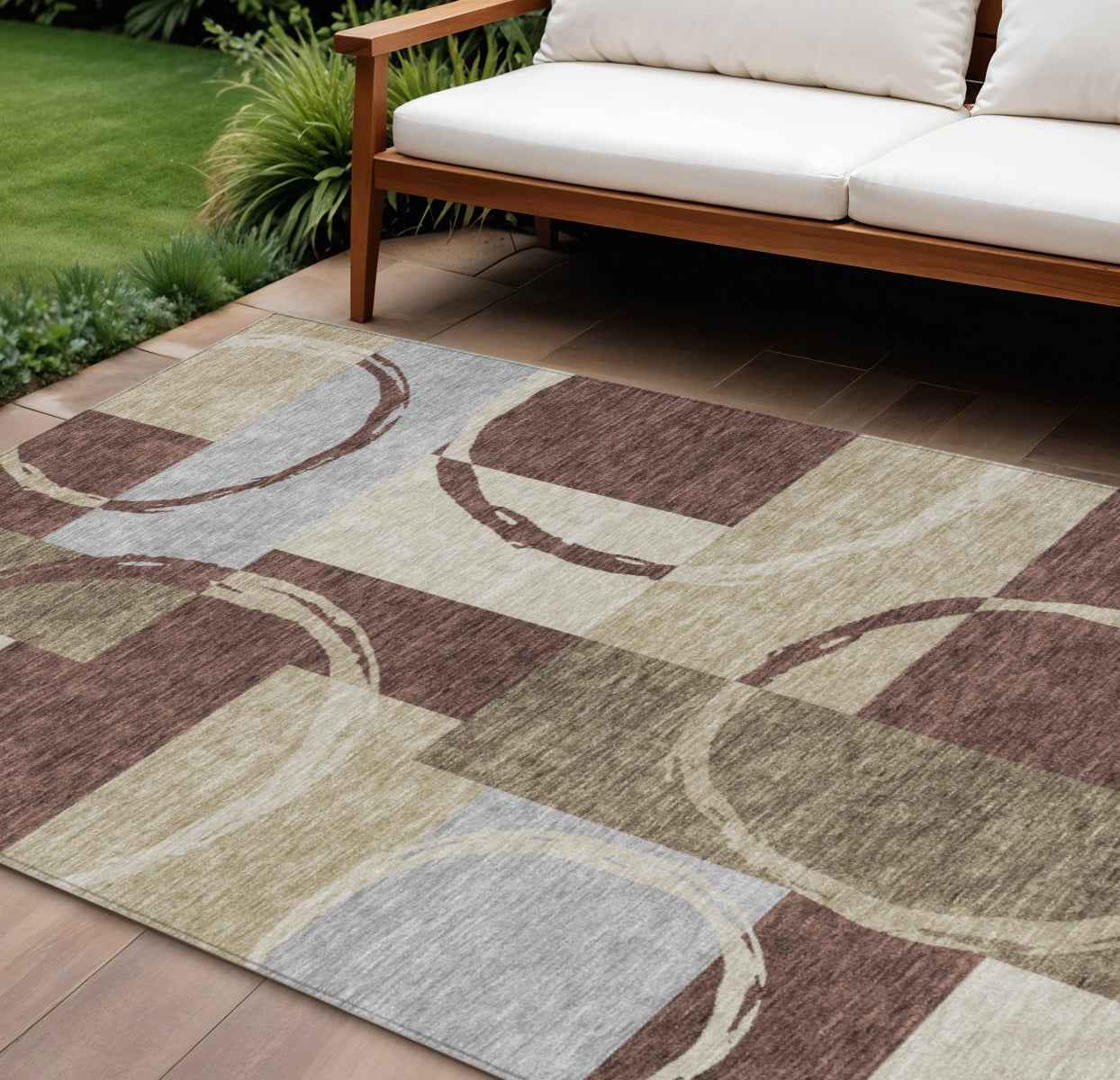 10' X 14' Brown And Ivory Geometric Washable Indoor Outdoor Area Rug
