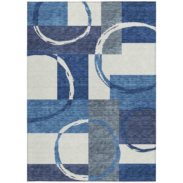 5' X 8' Blue And Ivory Geometric Washable Indoor Outdoor Area Rug