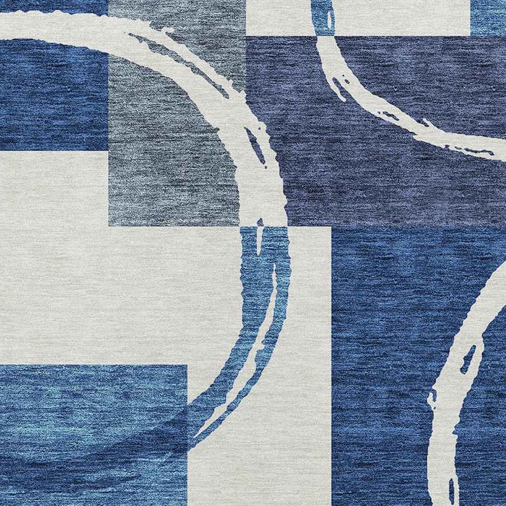 5' X 8' Blue And Ivory Geometric Washable Indoor Outdoor Area Rug