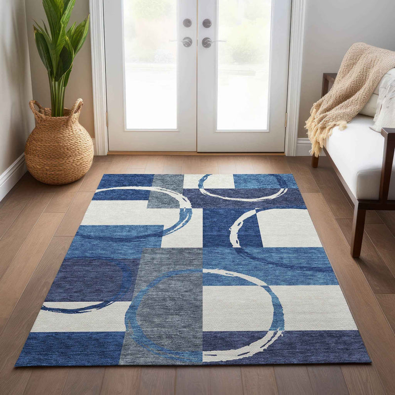 5' X 8' Blue And Ivory Geometric Washable Indoor Outdoor Area Rug