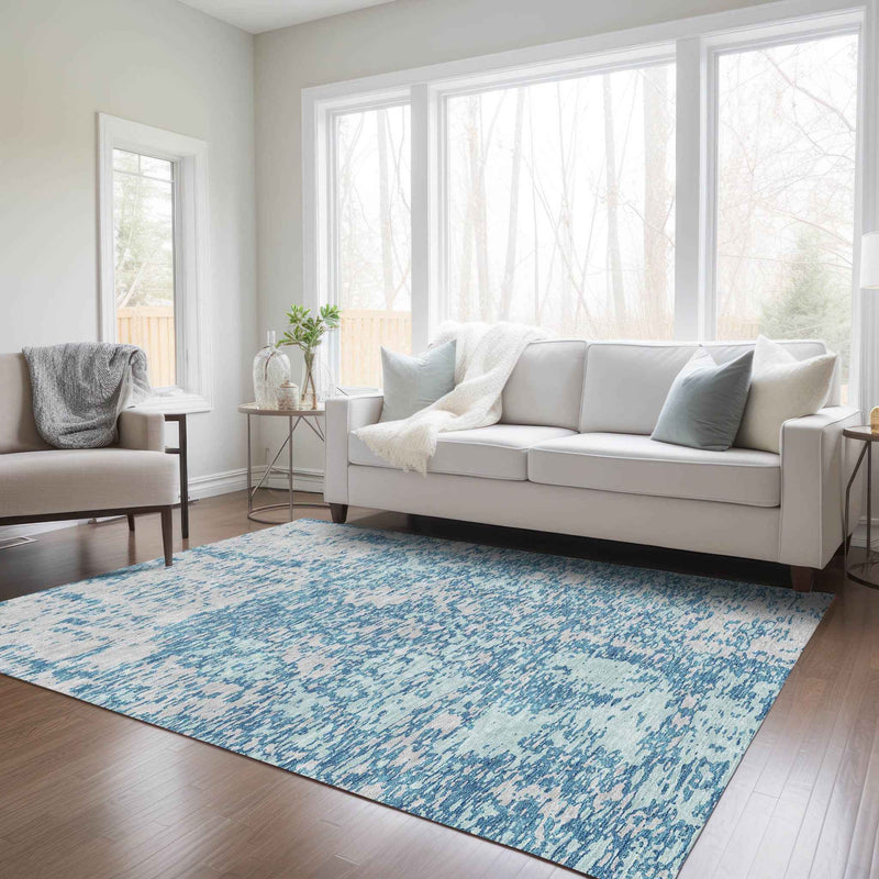 3' X 5' Teal Blue And Ivory Abstract Washable Indoor Outdoor Area Rug