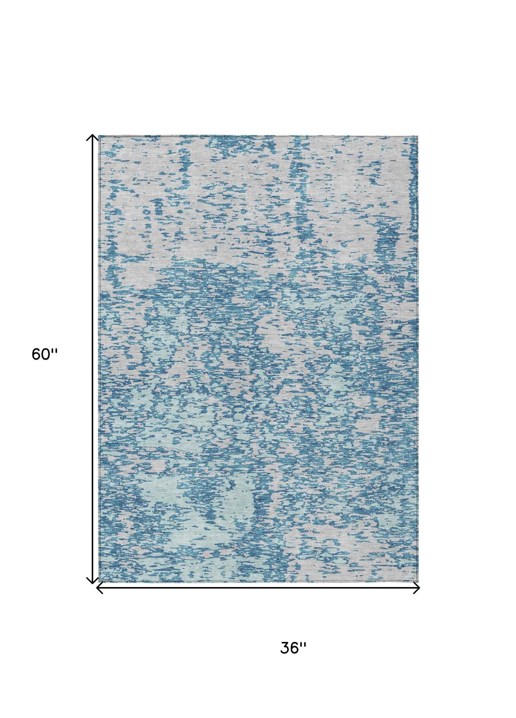 3' X 5' Teal Blue And Ivory Abstract Washable Indoor Outdoor Area Rug