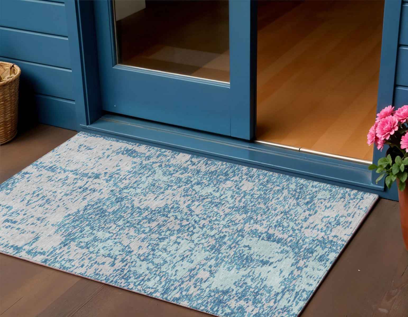 3' X 5' Teal Blue And Ivory Abstract Washable Indoor Outdoor Area Rug