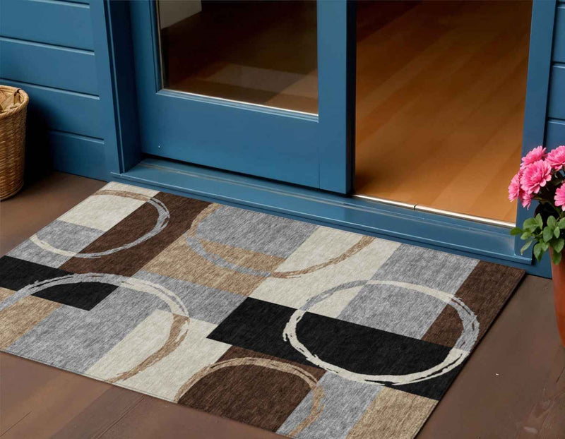 3' X 5' Pewter Gray And Black Geometric Washable Indoor Outdoor Area Rug