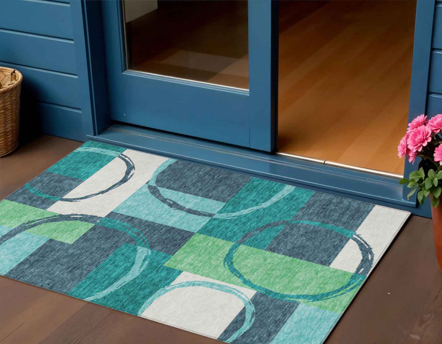 3' X 5' Teal Blue And Green Geometric Washable Indoor Outdoor Area Rug