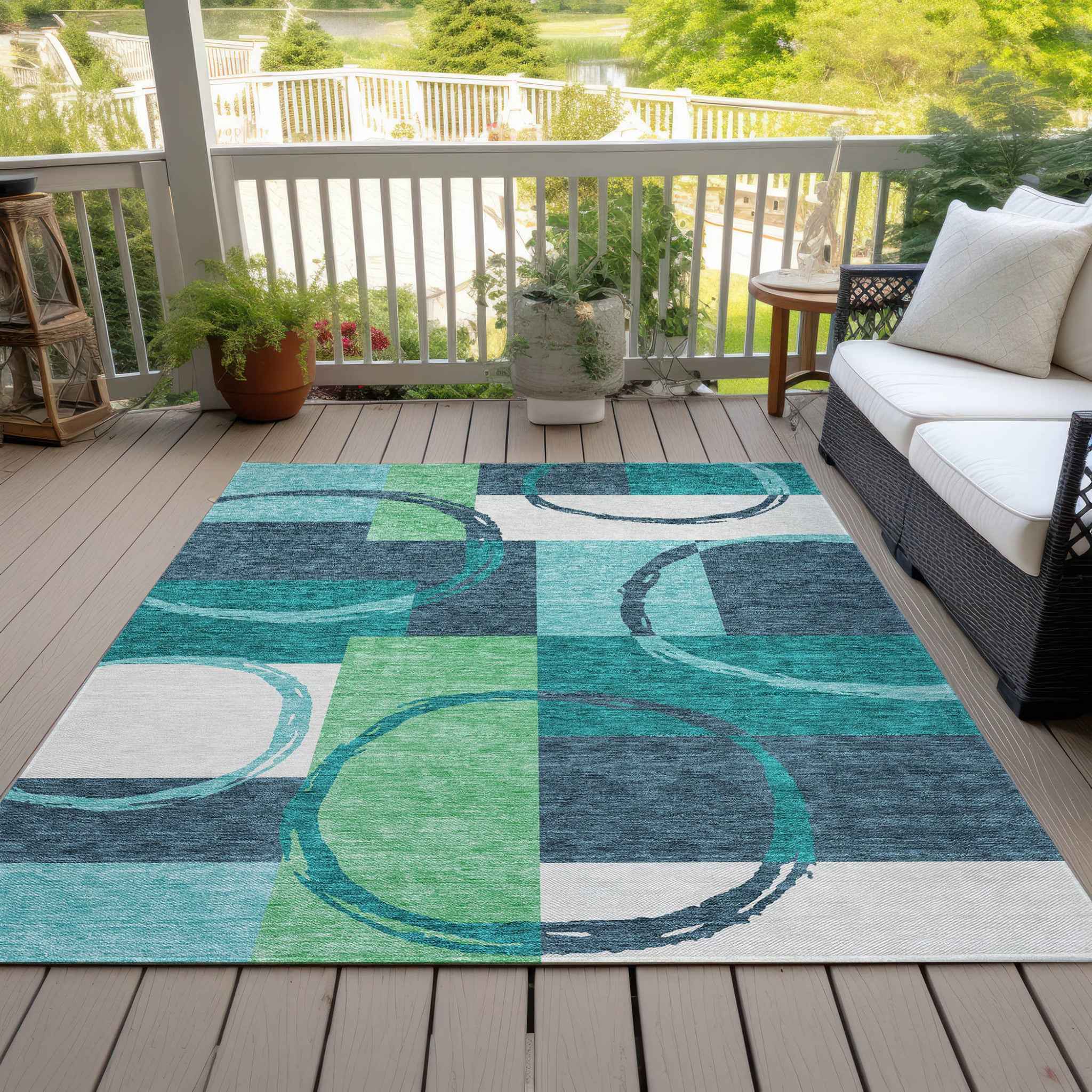 3' X 5' Teal Blue And Green Geometric Washable Indoor Outdoor Area Rug
