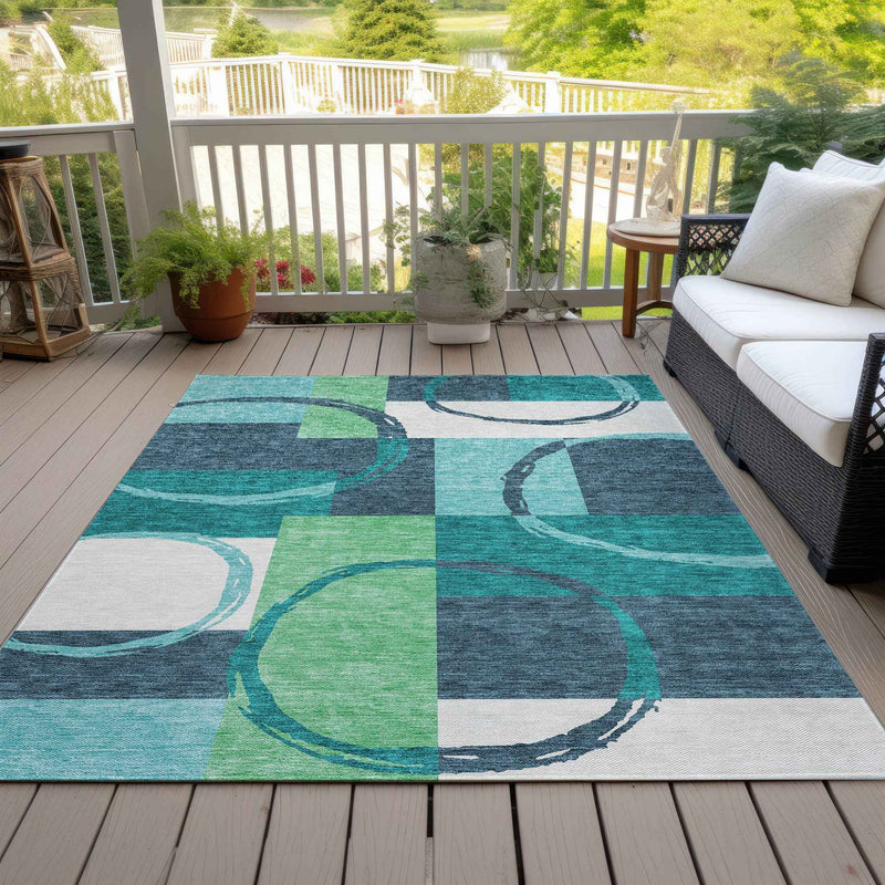 3' X 5' Teal Blue And Green Geometric Washable Indoor Outdoor Area Rug