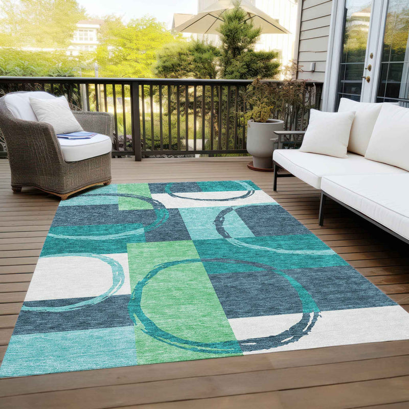 3' X 5' Teal Blue And Green Geometric Washable Indoor Outdoor Area Rug