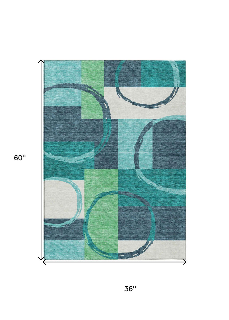 3' X 5' Teal Blue And Green Geometric Washable Indoor Outdoor Area Rug