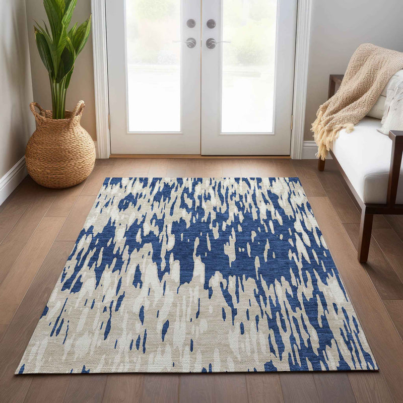 9' X 12' Navy Blue And Ivory Abstract Washable Indoor Outdoor Area Rug