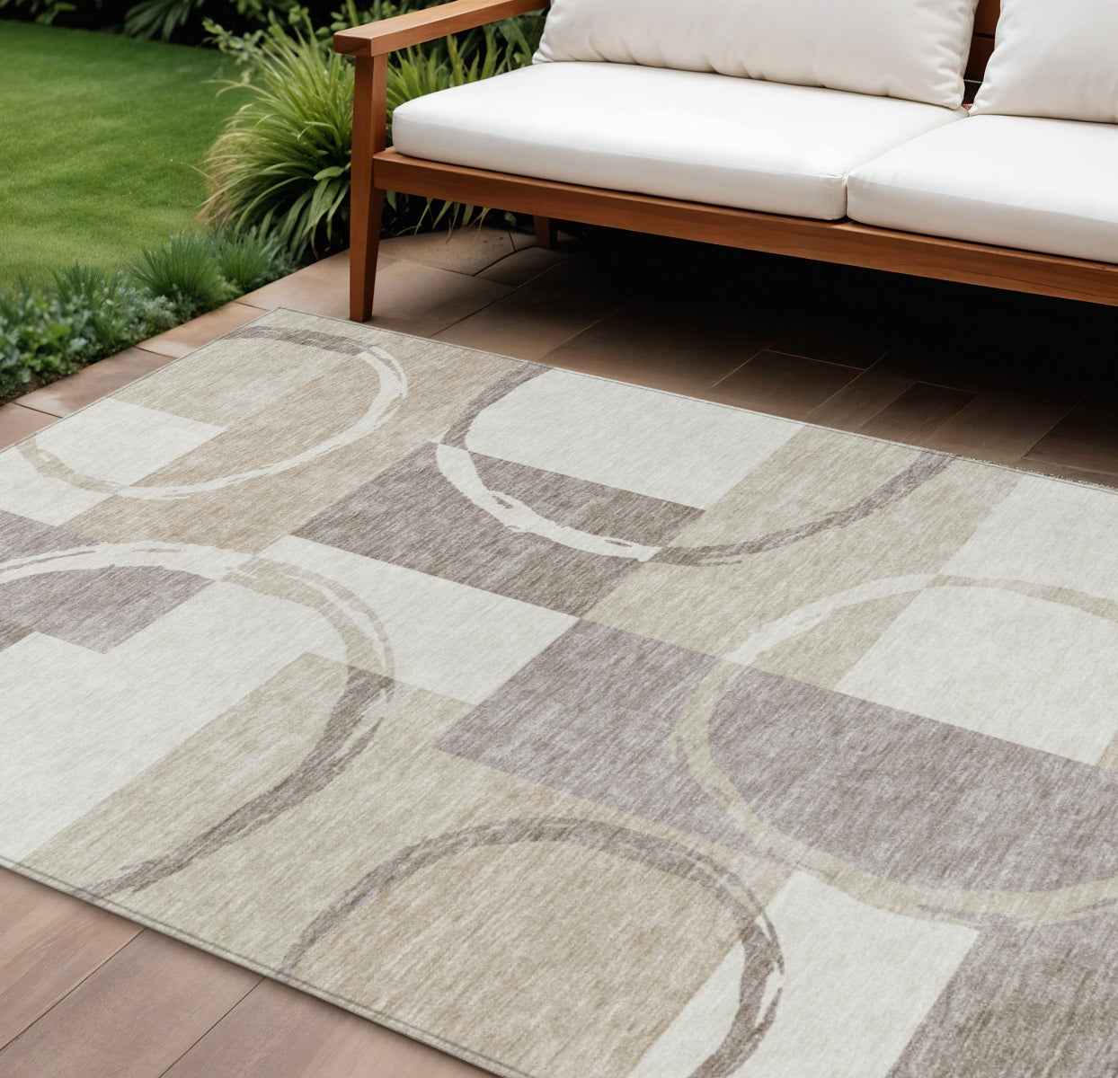 9' X 12' Ivory And Beige Geometric Washable Indoor Outdoor Area Rug