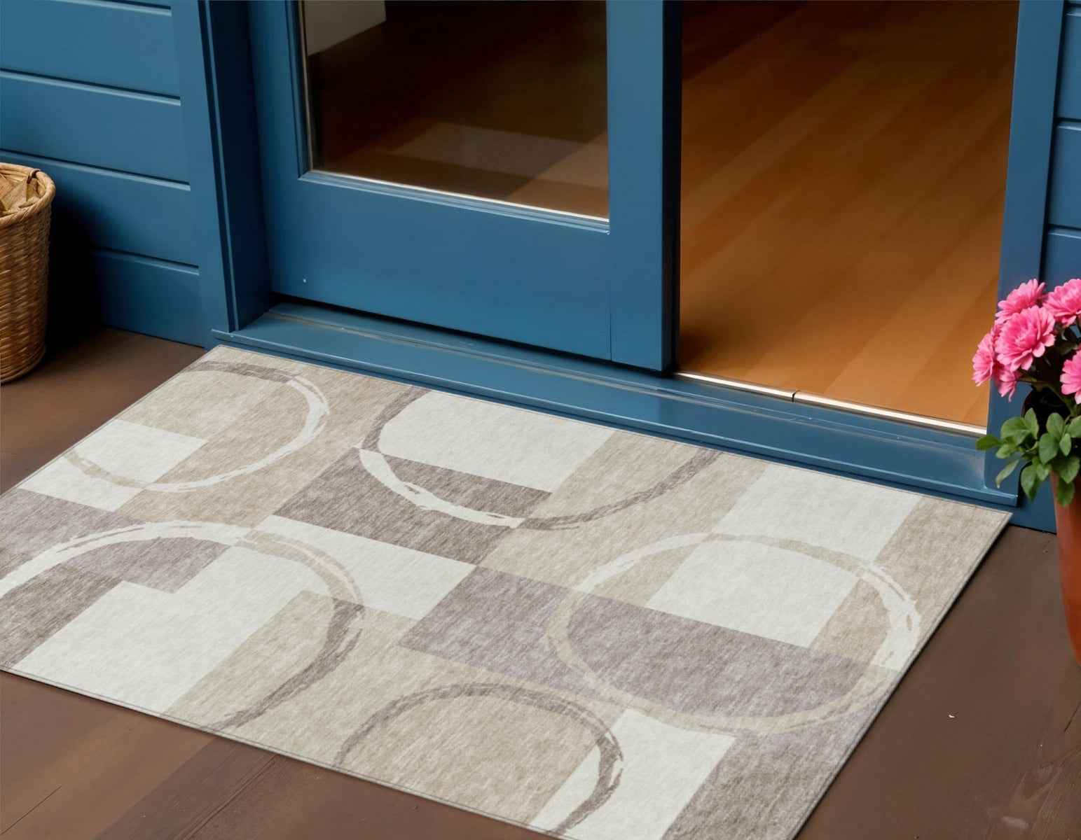 3' X 5' Ivory And Beige Geometric Washable Indoor Outdoor Area Rug