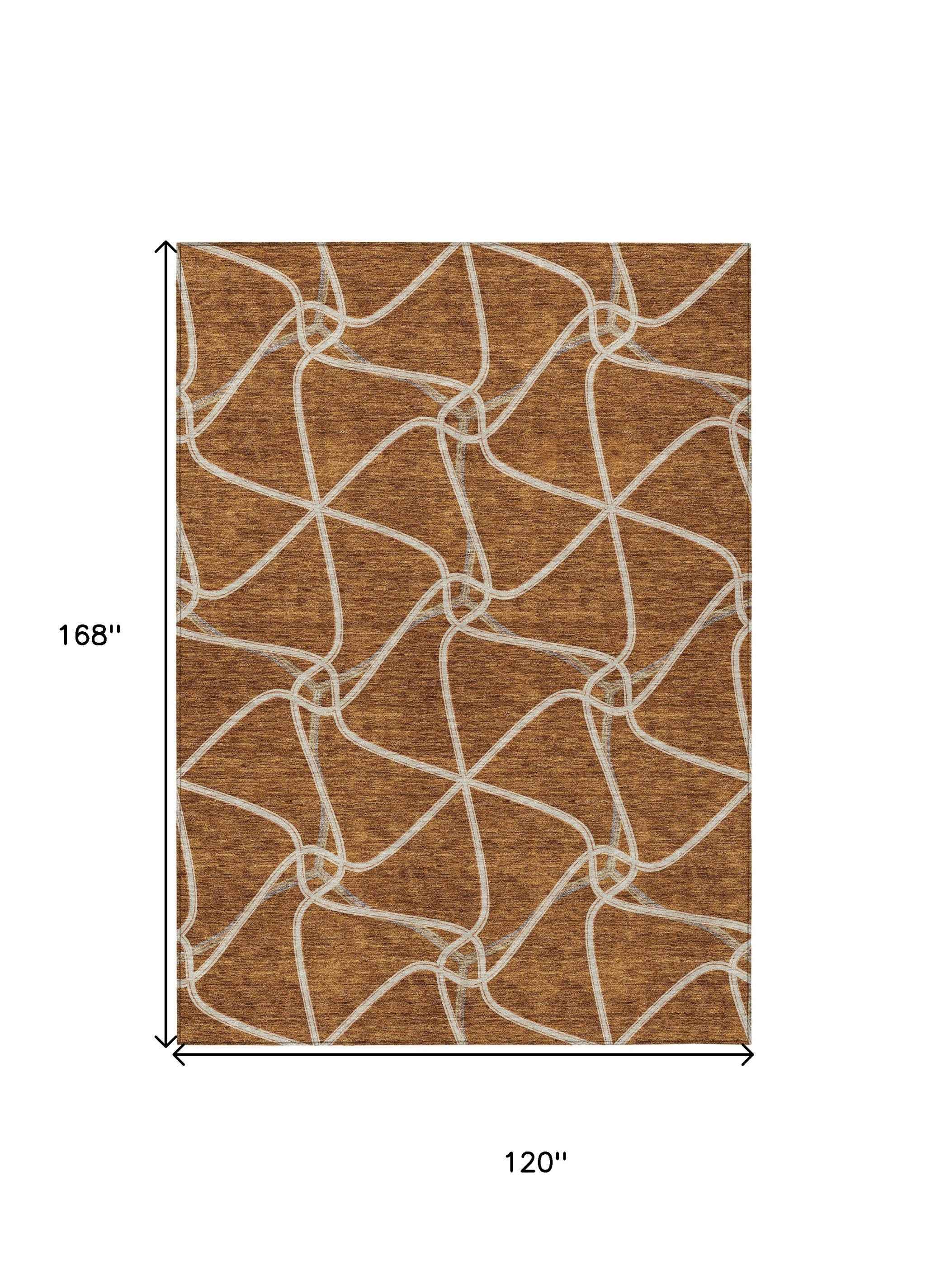 10' X 14' Orange And Ivory Geometric Washable Indoor Outdoor Area Rug