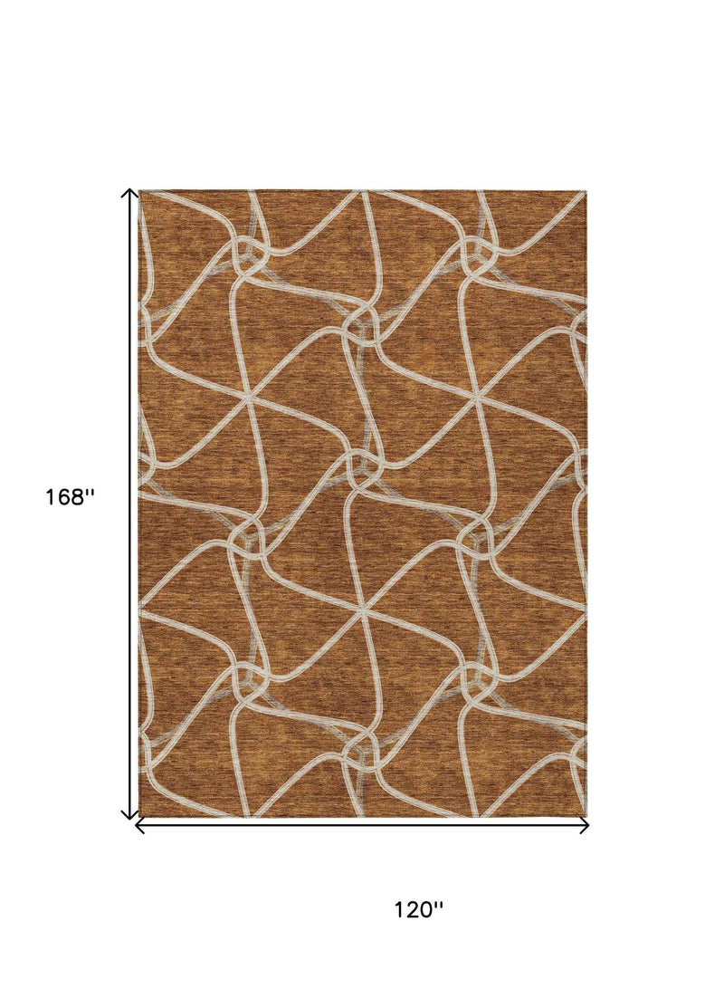 10' X 14' Orange And Ivory Geometric Washable Indoor Outdoor Area Rug