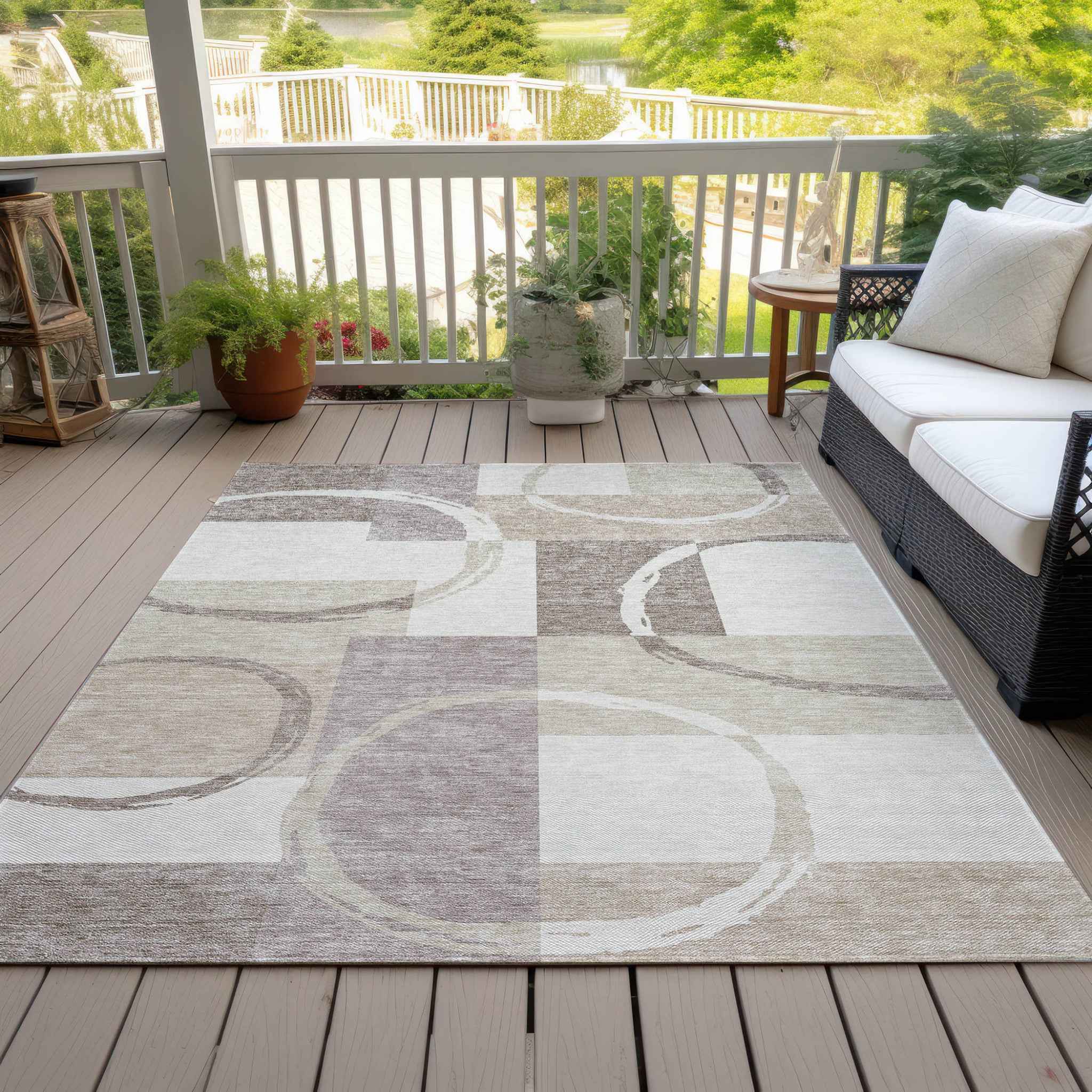 3' X 5' Ivory And Beige Geometric Washable Indoor Outdoor Area Rug