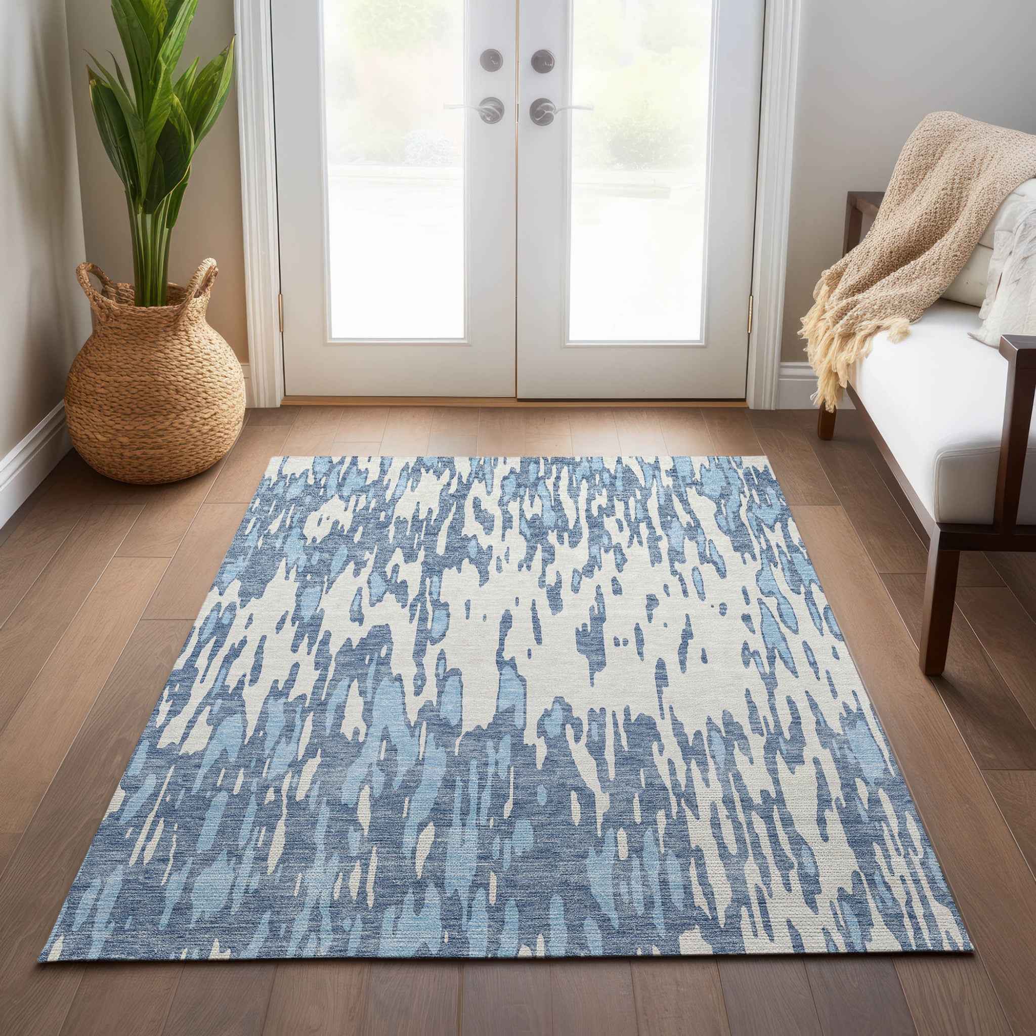 3' X 5' Denim Blue And Ivory Abstract Washable Indoor Outdoor Area Rug