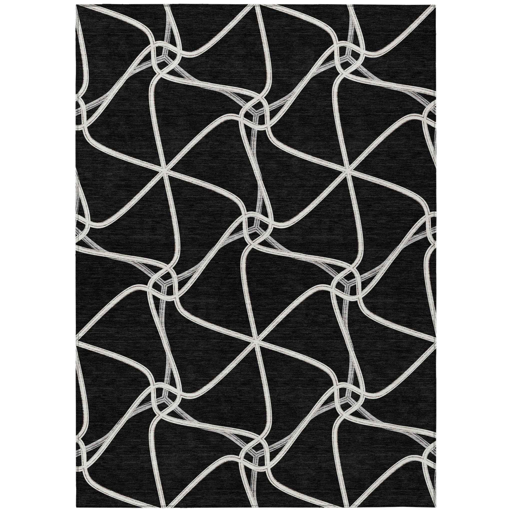 9' X 12' Black And Ivory Geometric Washable Indoor Outdoor Area Rug