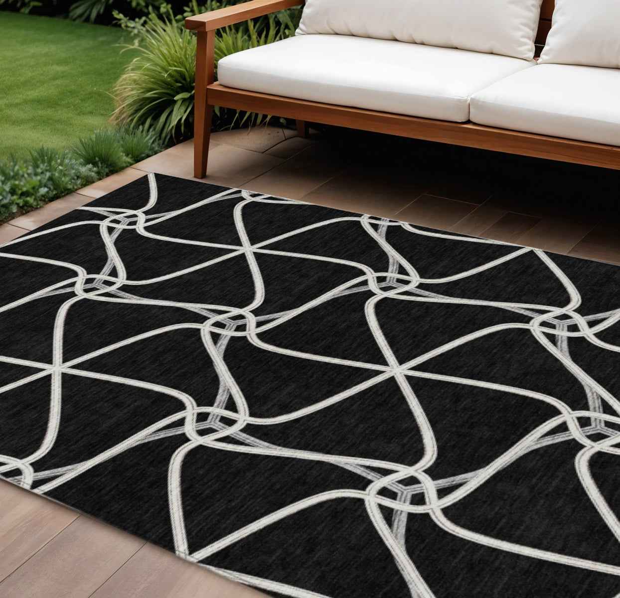 9' X 12' Black And Ivory Geometric Washable Indoor Outdoor Area Rug