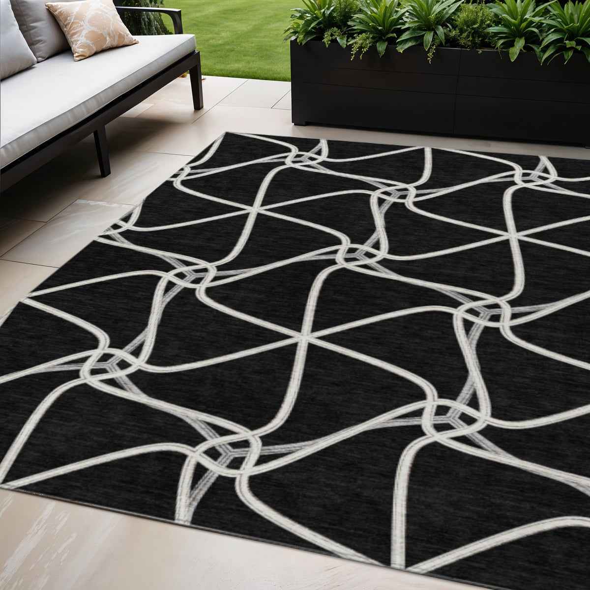 5' X 8' Black And Ivory Geometric Washable Indoor Outdoor Area Rug