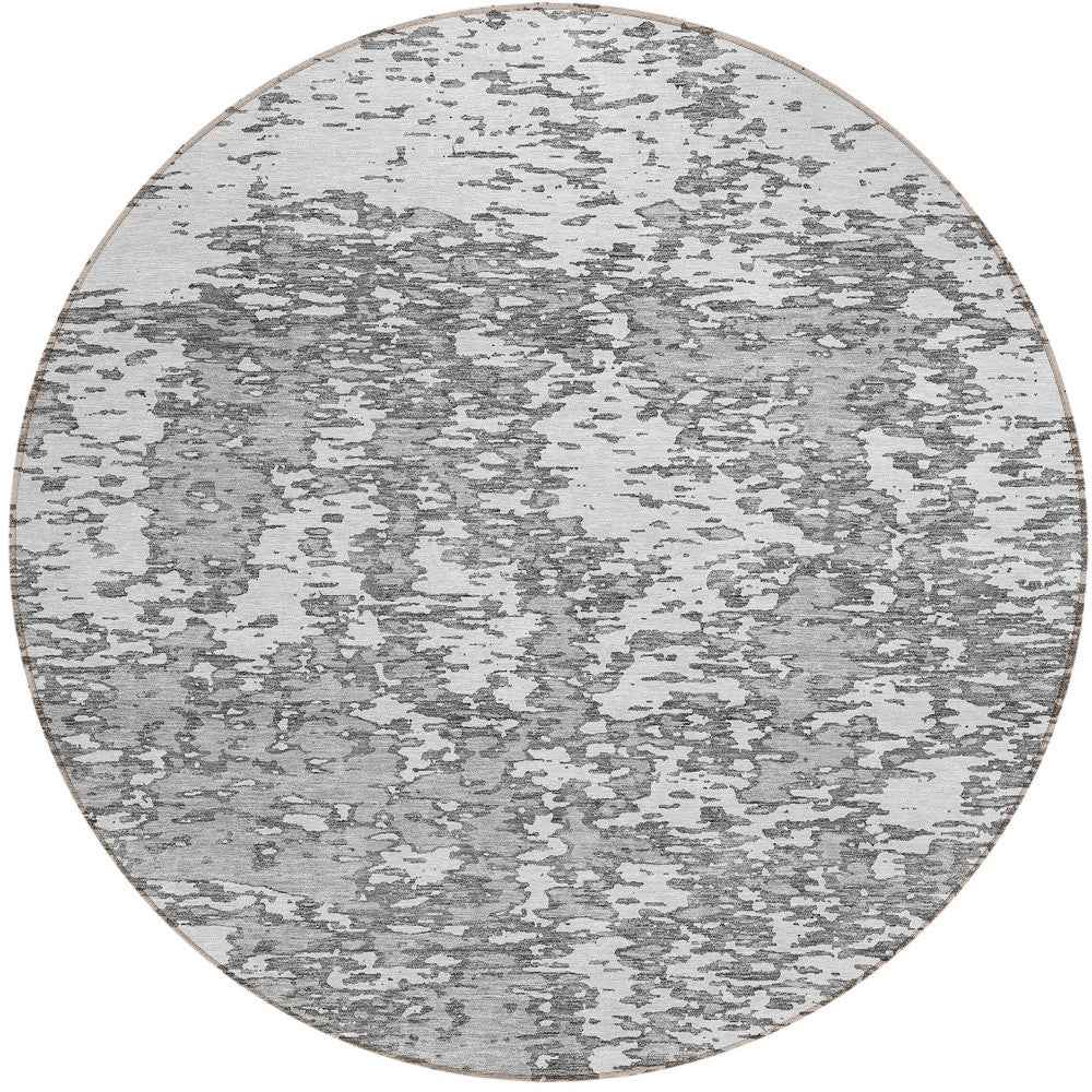 8' Gray And Ivory Round Abstract Washable Indoor Outdoor Area Rug