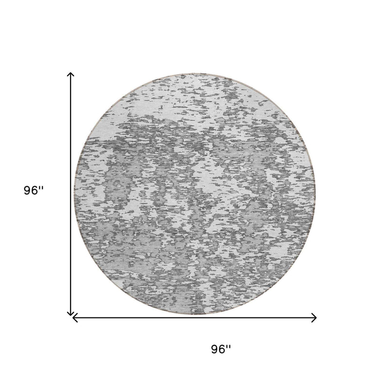 8' Gray And Ivory Round Abstract Washable Indoor Outdoor Area Rug