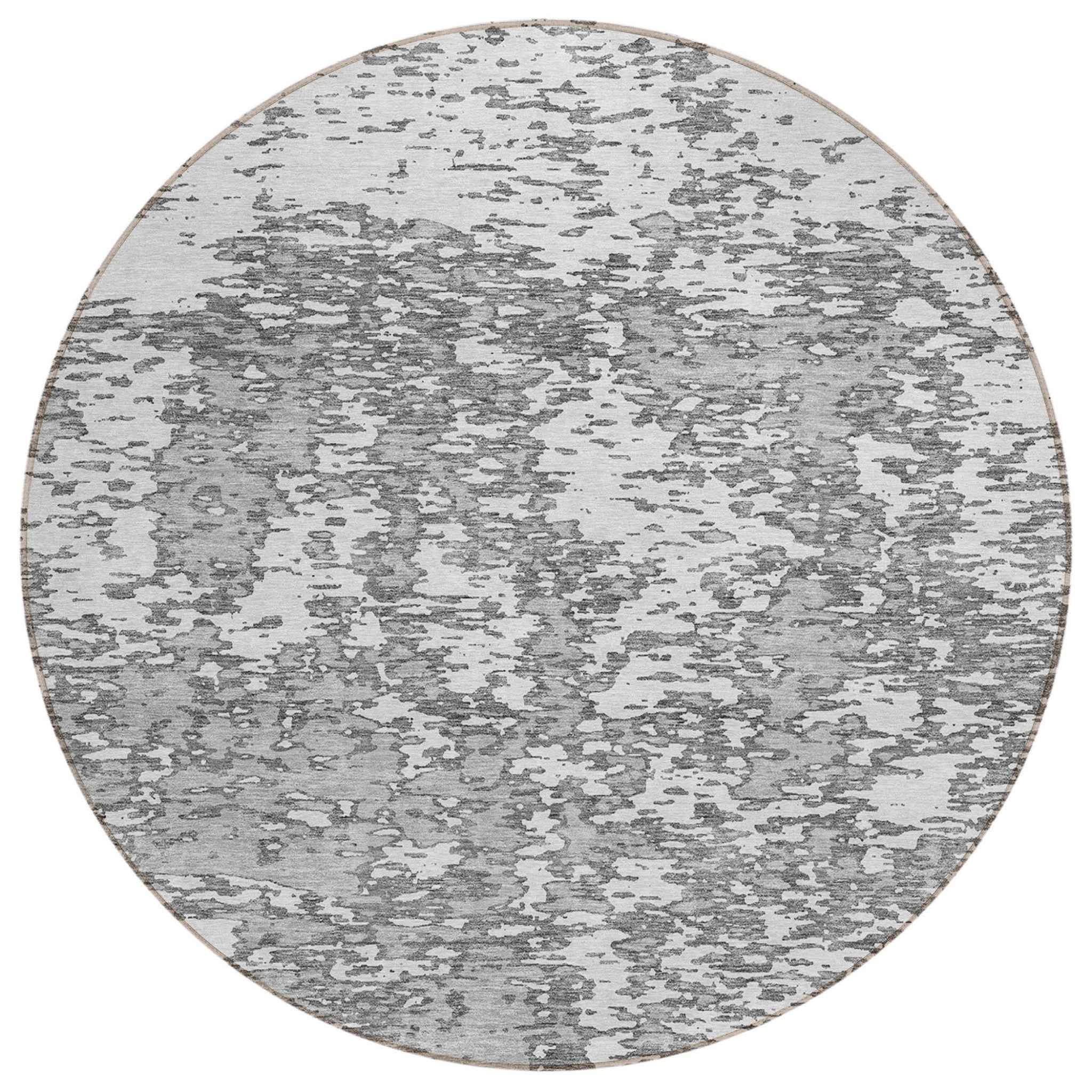 8' Gray And Ivory Round Abstract Washable Indoor Outdoor Area Rug